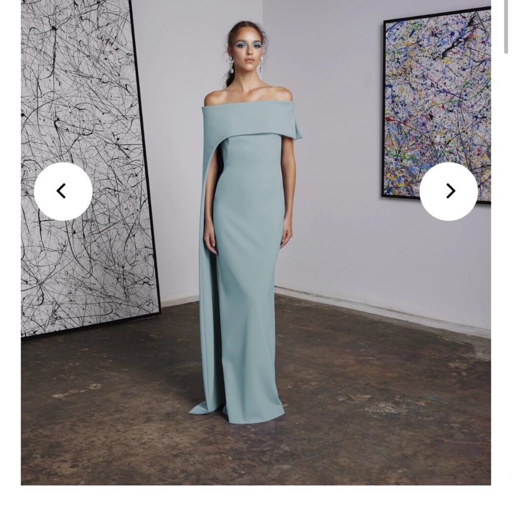 Frascara Pearl Blue Size 14 Off the Shoulder Jersey Gown